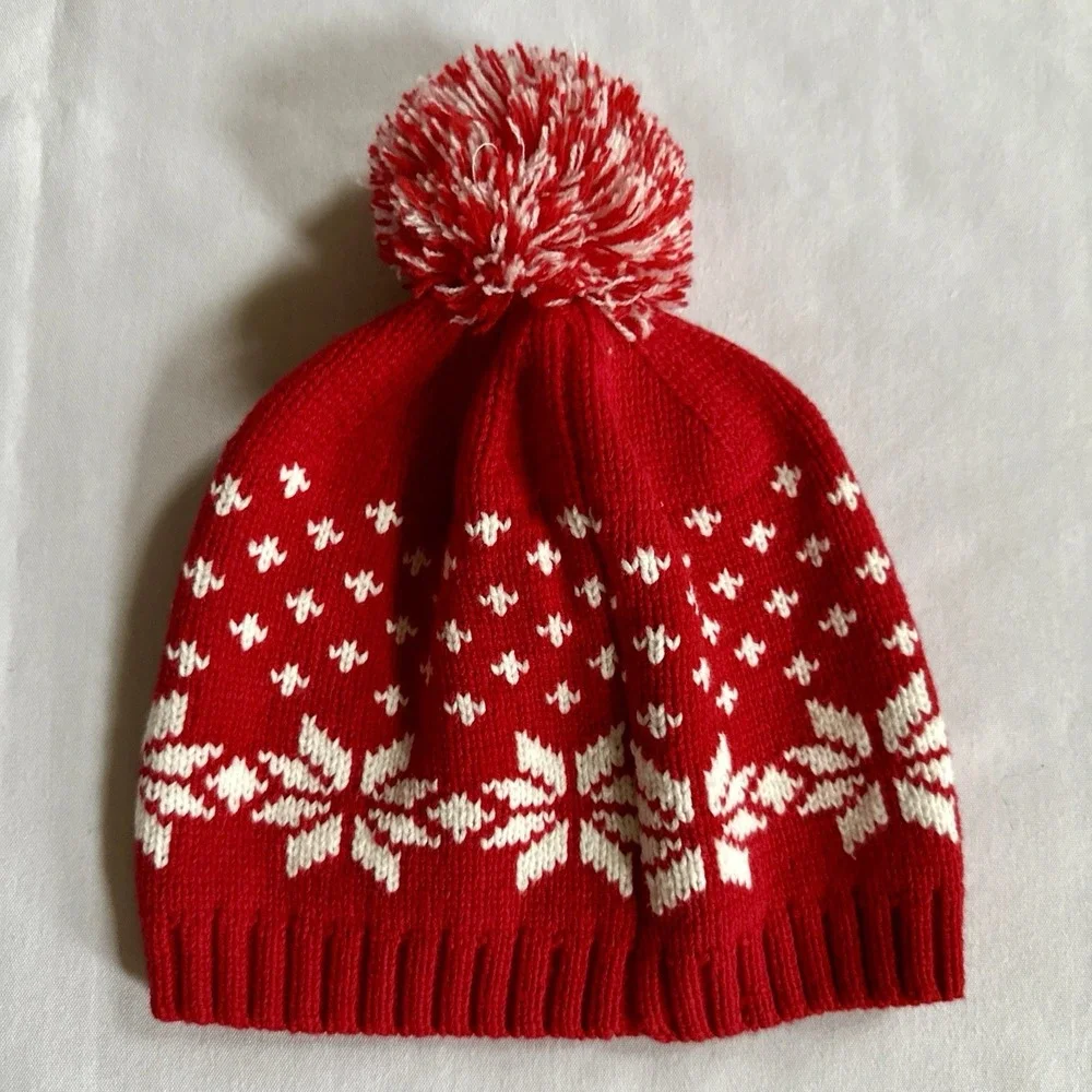 Hanna Andersson Sweaterknit Hat Pom Pom Red White Snowflake Size M Age 2-6  21cm